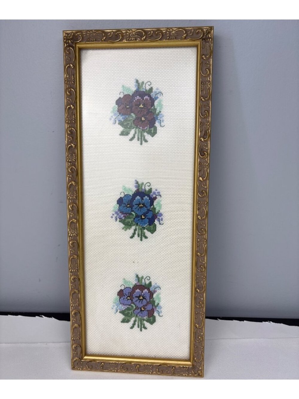 Floral Cross-Stitch Wall Art Gold Ornate Frame Trio of Pansy Flowers 14x6 Framed